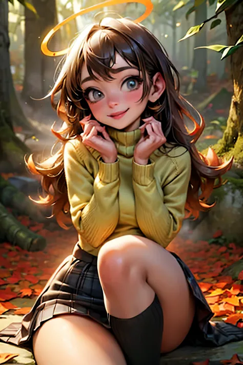 A forest covered with many fallen autumn leaves, a thin round-necked knit and a mini-wrapped skirt, knee socks, movement as if l...