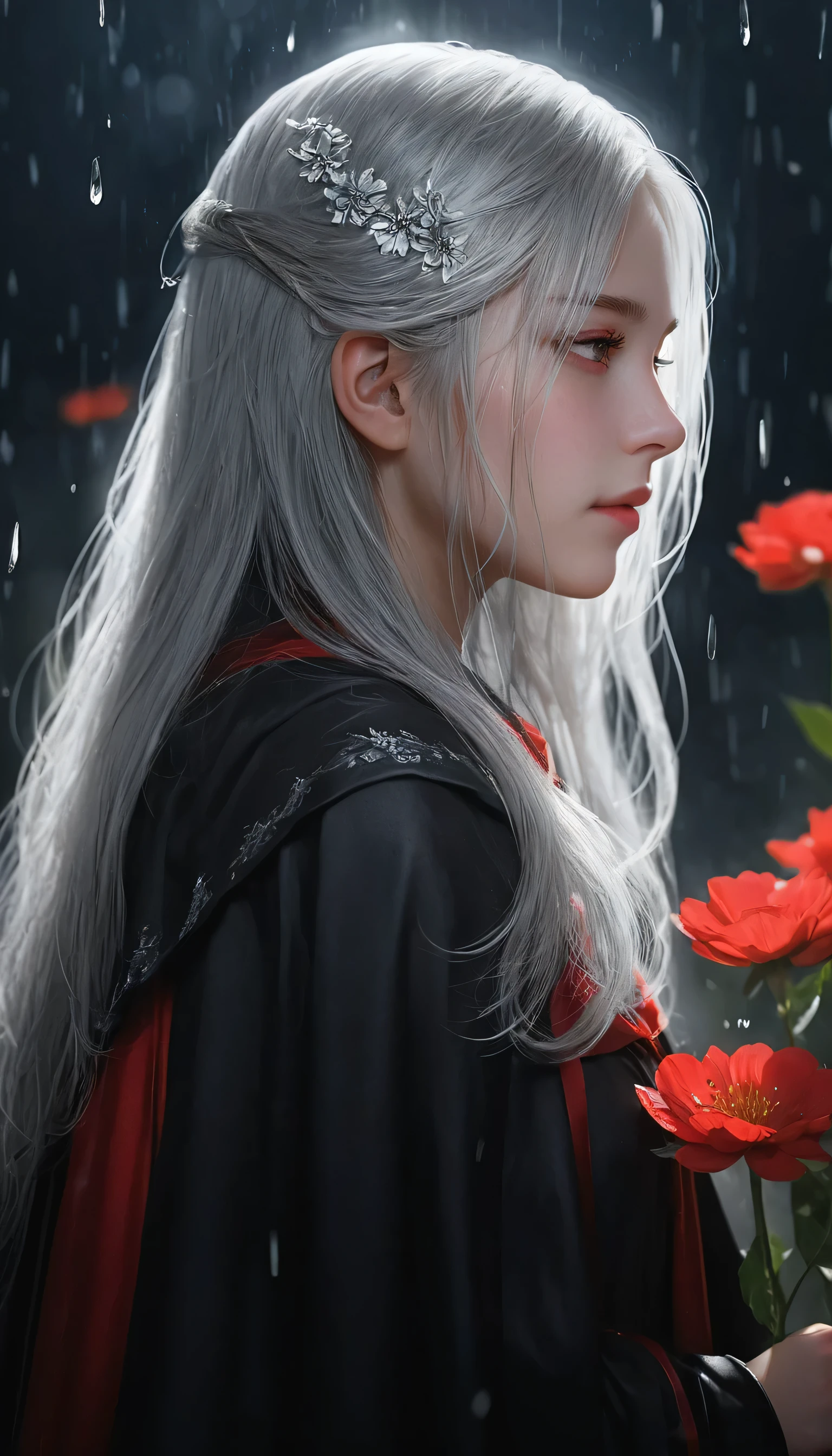 One girl,alone,One girl,alone,((Beautiful fine details)), (Detailed light),Depth of written boundary,(Gray Hair),Silver Eyes,Hair on one eye,(Red flower ), Hair Flowers,Long Hair,Black Cape,Wet,Emotionless,Recall,night,Starfall,it&#39;s raining,fog,Red flowers falling,sketch,Upper Body,Strong Shadows,masterpiece, 最high quality, high quality, High resolution,