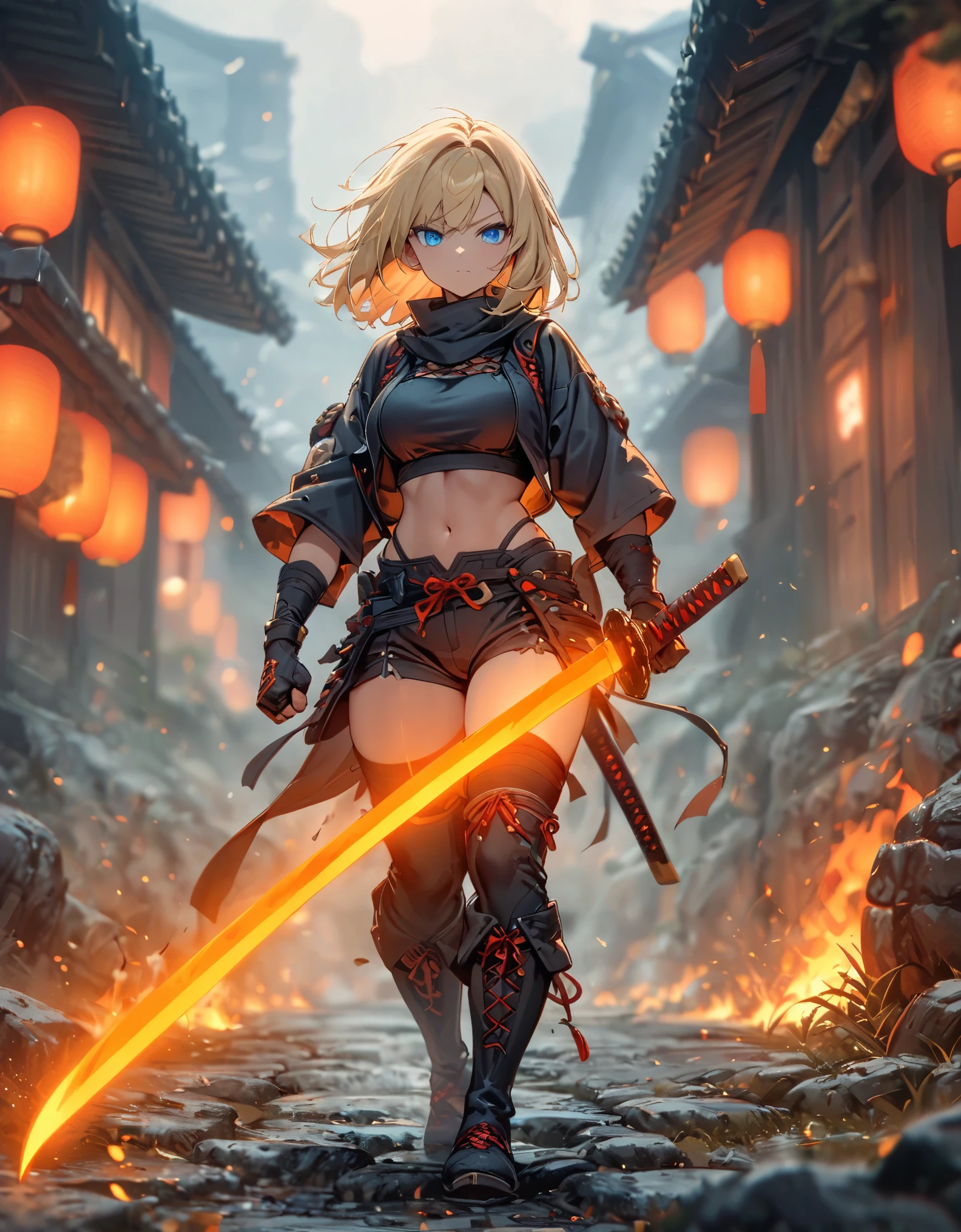 masterpiece, best quality, 1girl, blonde_hair, blue_eyes, boots, breasts, clenched hand, clenched hands, crop top, full body, gloves, knee boots, medium hair, medium breasts, midriff, navel, bob hair, solo, standing, thighhighs, turtleneck, black leotard, ninja, (holding a samurai sword, katana, glowing sword), burning japanese village backdrop, danger atmosphere, grim, stance, full body with costume