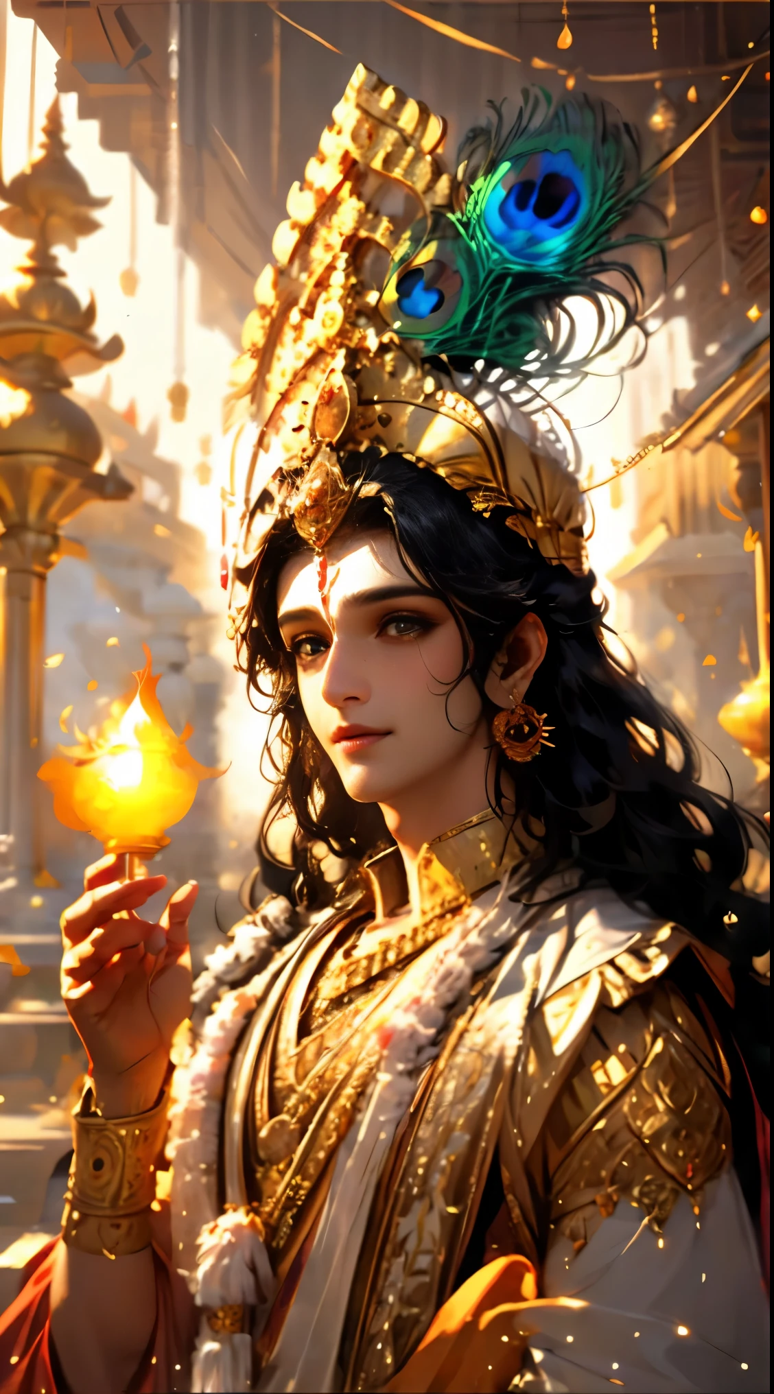 a close up of Lord Krishna holding a lit candle in his hands, hindu aesthetic, beautiful digital artwork, indian god, beautiful digital illustration, stunning digital illustration, beautiful avatar pictures, gorgeous digital painting, beautiful god, beautiful character painting, beautiful digital painting, artgerm and atey ghailan, beautiful lit, by Max Dauthendey, glowing flowing hair, peacock feathers on head, wearing a yellow cloth, big smile on his face