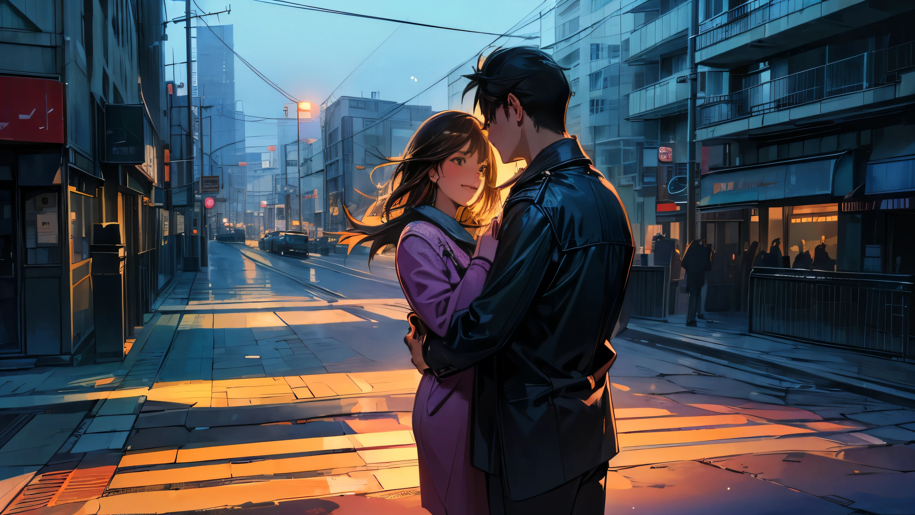 (best quality,ultra-detailed,realistic:1.37),humor,comic style,bold lines,vibrant colors, Close to cold colors,reduce saturation,beautiful night scene, saturday lover,girl and boy, joyful couple, laughter, love in the air, city lights, intersection, In a busy downtown area at night, high rise residential building Dark city silhouette background:2.0, Accurate perspective,