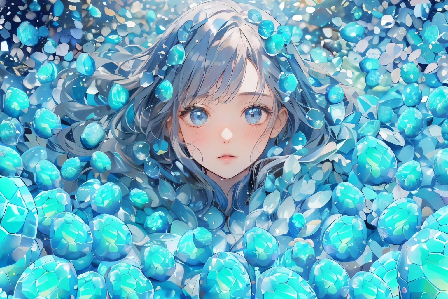 A beautiful girl buried in light blue jewels。100 Million Gems。100 carat gemstone。Tiny gemstones。