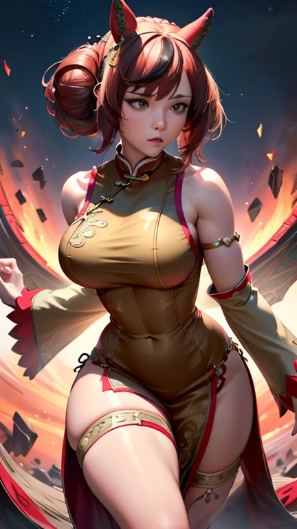 4k, high quality, nice lighting, soft lighting, realistic, nicenature, sexy, big breasts, thick thighs, wide hips, girl with red chinese outfit with gold edges dragon pattern, leg slit, muscular, toned, long flowing chinese dress, ornate, jewelry, hair bun, hair accessory