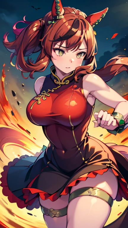 4k, high quality, nice lighting, soft lighting, realistic, nicenature, sexy, big breasts, thick thighs, wide hips, girl with red chinese outfit with gold edges dragon pattern, leg slit, muscular, toned, long flowing chinese dress, ornate, jewelry, hair bun, hair accessory