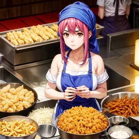 a woman with a towel wrapped around her head making a large amount of tempura at a korean night market　highest quality　wearing a...