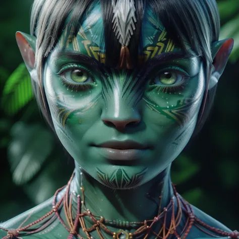avatar style, (face portrait:1.6), naavi, 1girl, female, (silver eyes), (big eyes), ((eyebrowless)), pointy ears, (forest green ...