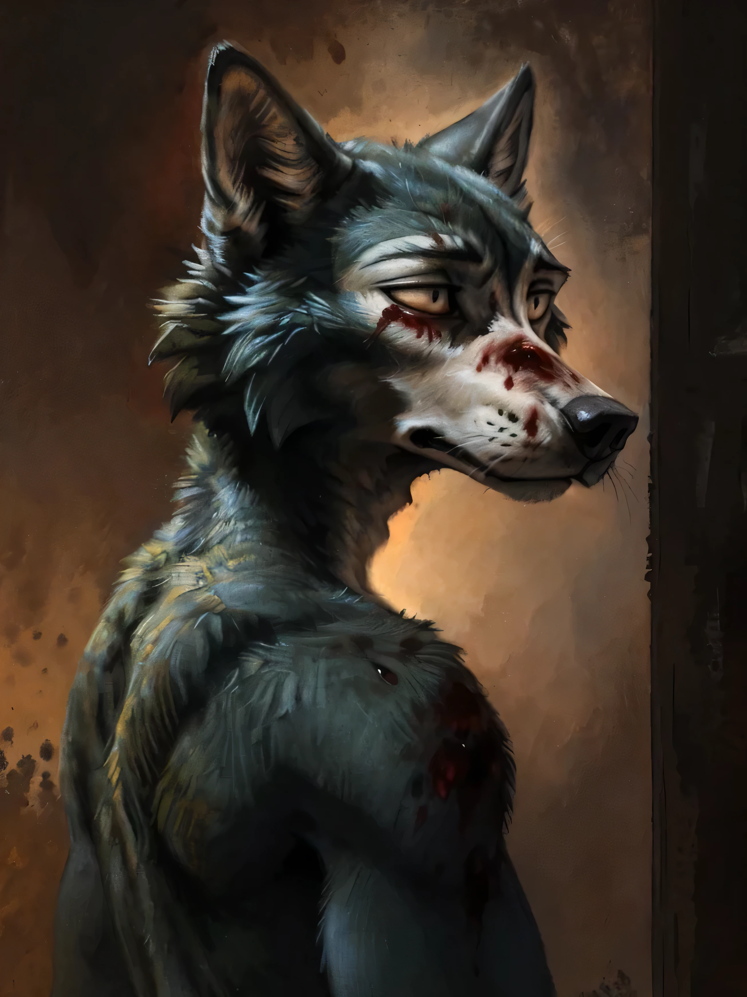 legoshi (beastars), (solo), male, anthro, (by Blotch, by kenket), (tail:1.3), depressed expression, (dark apartment background, gloomy, sad atmosphere), naked, realistic shading, dark lighting, powerful silhouette, mysterious shadows, night scene, (epic, masterpiece, high quality, 8k, ultra HD, absurd res, top quality, best quality, max quality, masterpiece), head on, staring intensely, central framing, direct eye contact, headshot, (((dried blood))),