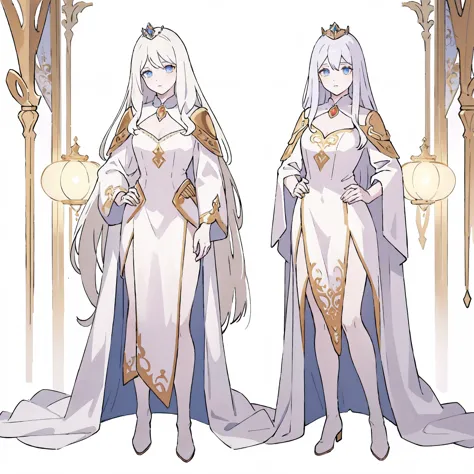 ((Masterpiece, white background)) full body of a woman in a dress with a veil, feet together, standing feet together, military b...