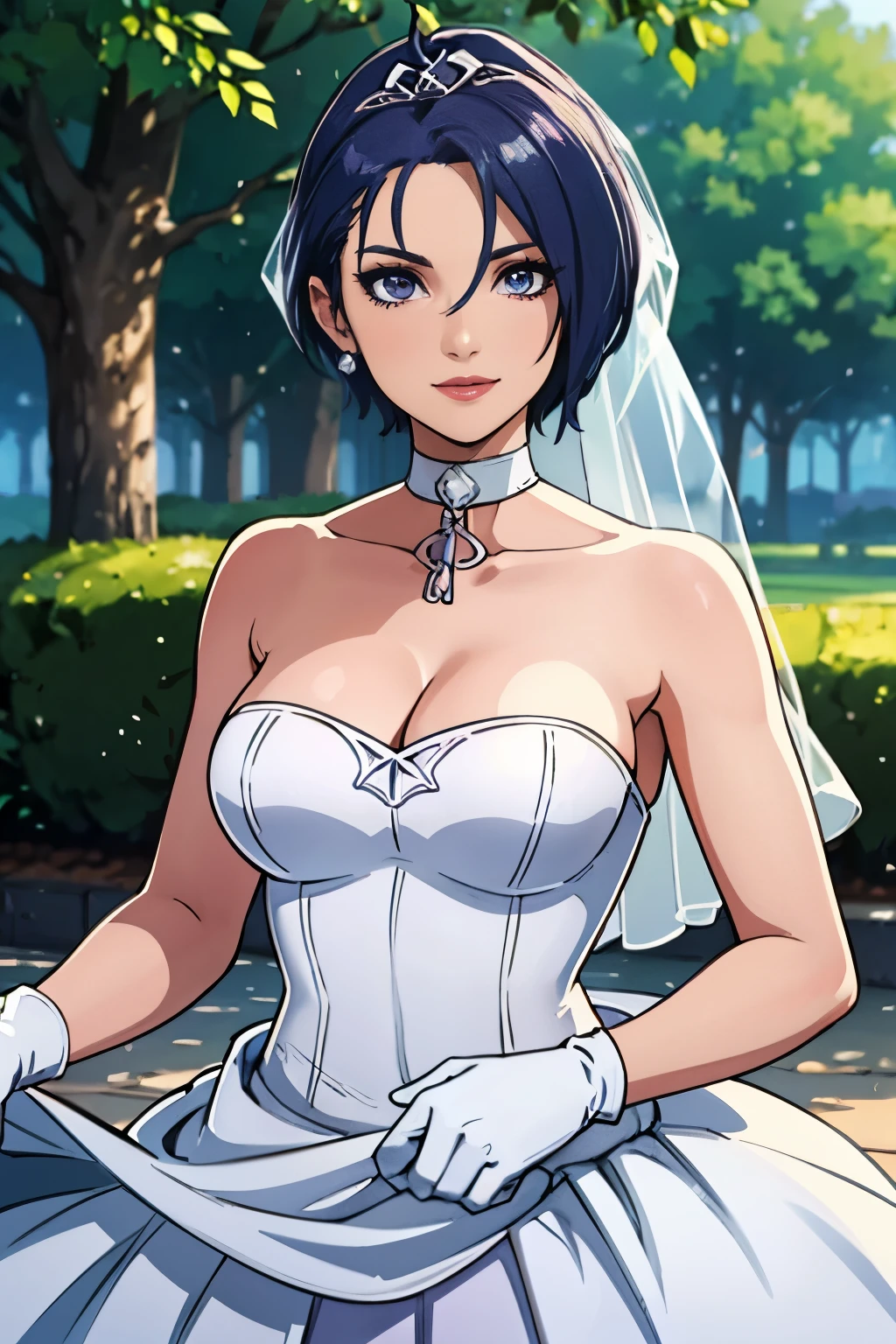 1girl, solo,Shamir fe, crown,earrings ,lipstick, eye shadow, makeup, hair between eyes, ahoge, hair ornament, gloves, dress, cleavage, bare shoulders, collarbone, white oprea gloves, white gloves, white dress, strapless, white choker, tiara, veil, strapless dress, wedding dress, bridal veil, beautiful woman, perfect body, perfect breasts, wearing a wedding dress, ball gown, in the park trees, wedding decorations, looking at the viewer,  smile, realism, masterpiece, textured skin, super detail, high detail, high quality, best quality, 1080p,