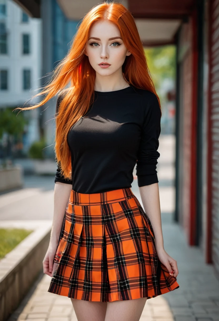 Linda garota com aparência de modelo,com longos cabelos laranja ,saia xadrez vermelha e preta,vestindo uma saia curta,Saia até os joelhos,detalhes da pele,luminescent ,8K
