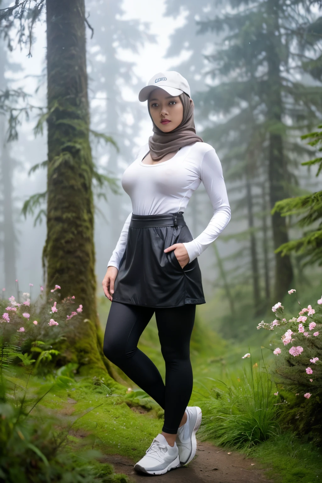 full-body portrait photograph of a young java woman hijab with polo Cap, wearing pinafore with shirt, hotpant with leggings, oversized_breasts.", she is hiking, beautiful_breasts. sensual body, in a unique, photoshot model, ((In front of flowers in the misty forest)), pullover, highres, 4k, HDR, 1girl, photorealistic, realistic, big booobs, turning away facial at viewer, closeup