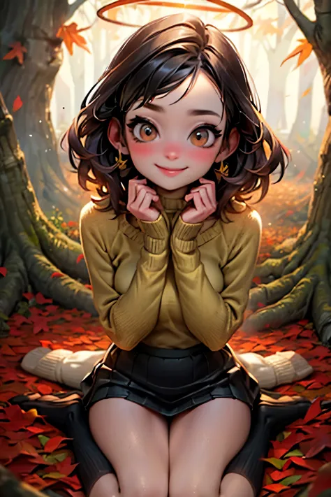 A forest covered with many fallen autumn leaves, a thin round-necked knit and a mini-wrapped skirt, knee socks, movement as if l...