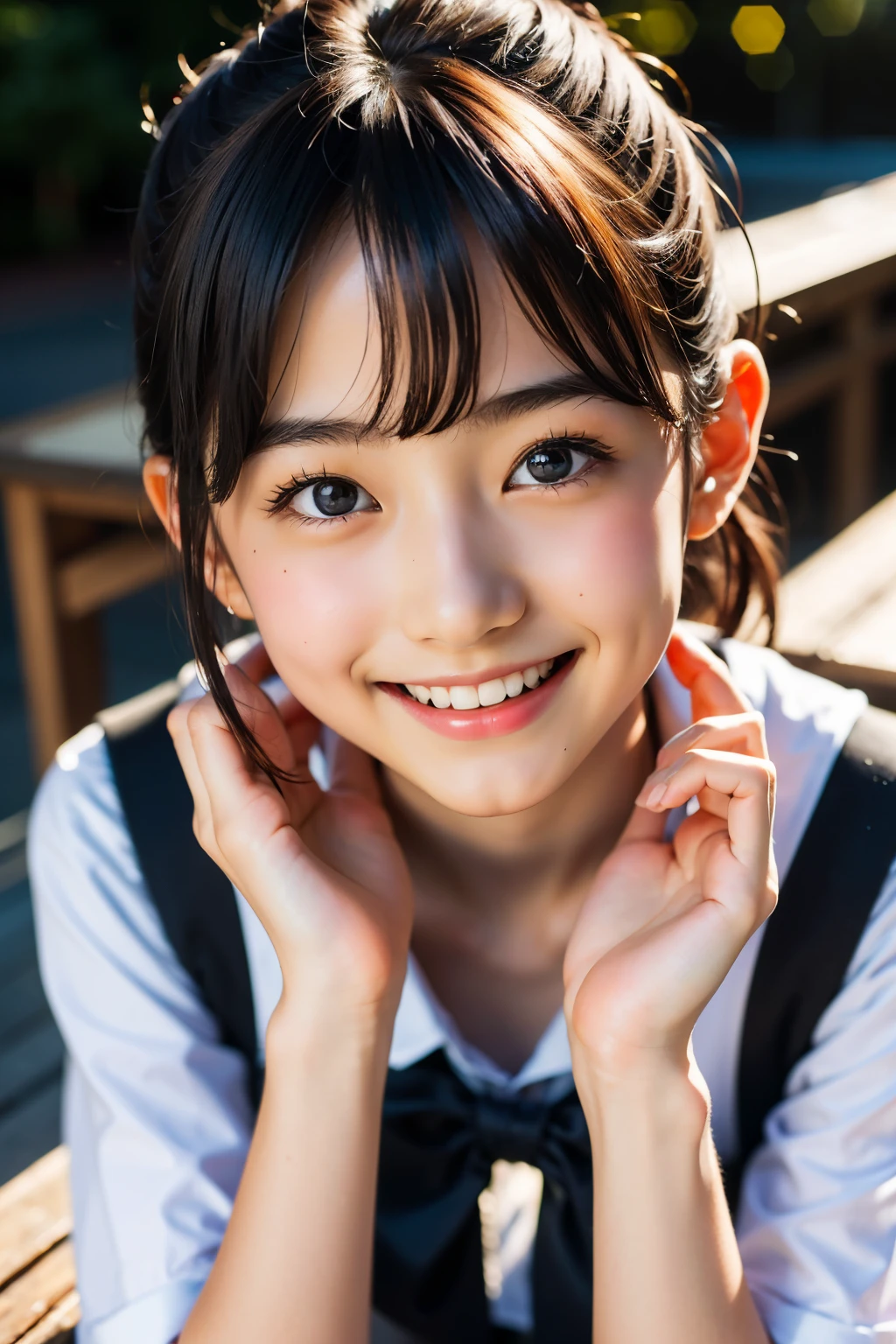 lente: 135 mm f1.8, (de la máxima calidad),(Fotos CRUDAS), (Mesa:1.1), (hermosa niña japonesa de 12 años), Cara linda, (Cara profundamente cincelada:0.7), (pecas:0.4), dappled luz de sol, iluminación dramática, (uniforme escolar japonés), (en el campus), tímido, (fotografía de cerca:1.2), (sonrisa),, (ojos chispeantes)、(luz de sol)