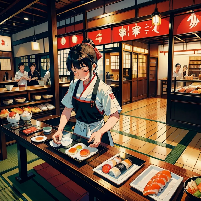 Japanisches Nigiri-Sushi-Restaurant,
 Von einem Koch zubereitetes Sushi wird auf kleine Teller gelegt und über das Förderband transportiert.,
 Mit unglaublicher Geschwindigkeit durch die Gasse fließen、Auch die Kunden haben Schwierigkeiten, kleine Teller zu ergattern.,
 Darüber hinaus, die kleine Platte rotiert mit hoher Geschwindigkeit..,