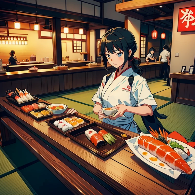 Restaurant japonais de sushis nigiri,
 Les sushis préparés par un chef sont placés sur de petites assiettes et transportés sur le tapis roulant.,
 Pour parcourir la voie à une vitesse incroyable、Les clients ont également du mal à se procurer des petites assiettes.,
 de plus, le petit plateau tourne à grande vitesse..,