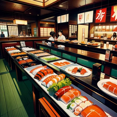 Japanese nigiri sushi restaurant,
 Sushi prepared by a chef is placed on small plates and transported down the conveyor belt.,
 ...