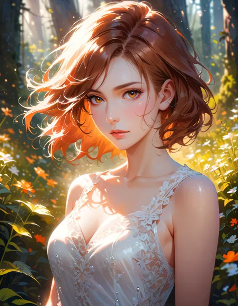 Lovely woman under drizzle, (elegant, Pretty Face), Transparent white dress, Forest Moss, (freckle:0.8), Flower field, , Red cur...