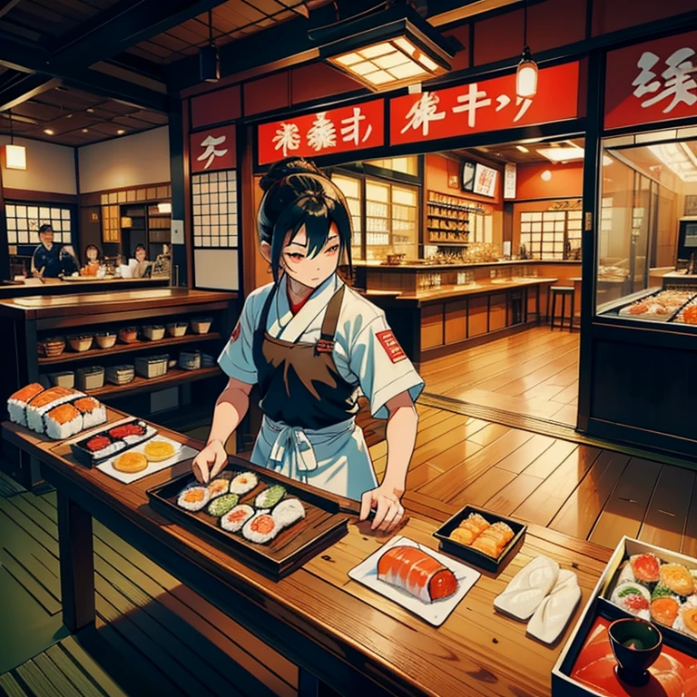 Restaurante japonês de sushi nigiri,
 Sushi preparado por um chef é colocado em pequenos pratos e transportado pela esteira.,
 Para fluir pela pista a uma velocidade incrível、Os clientes também estão lutando para pegar pratos pequenos.,
 Além disso, a pequena placa gira em alta velocidade..,