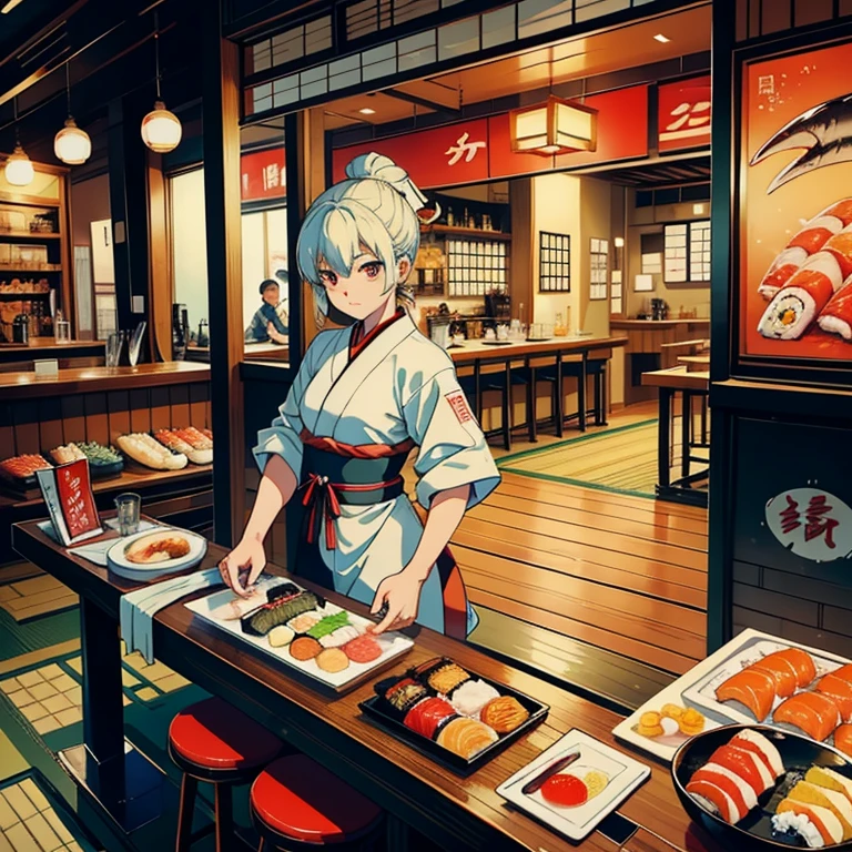 Japanese nigiri sushi restaurant,
 Sushi prepared by a chef is placed on small plates and transported down the conveyor belt.,
 To flow through the lane at an incredible speed、Customers are also struggling to grab small plates.,
 Moreover, the small plate rotates at high speed..,