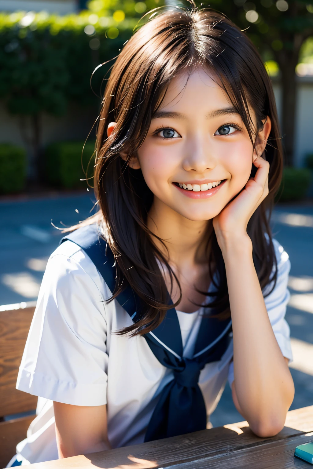 lente: 135 mm f1.8, (de la máxima calidad),(Fotos CRUDAS), (Mesa:1.1), (hermosa niña japonesa de 12 años), Cara linda, (Cara profundamente cincelada:0.7), (pecas:0.4), dappled luz de sol, iluminación dramática, (uniforme escolar japonés), (en el campus), tímido, (fotografía de cerca:1.2), (sonrisa),, (ojos chispeantes)、(luz de sol), Beto