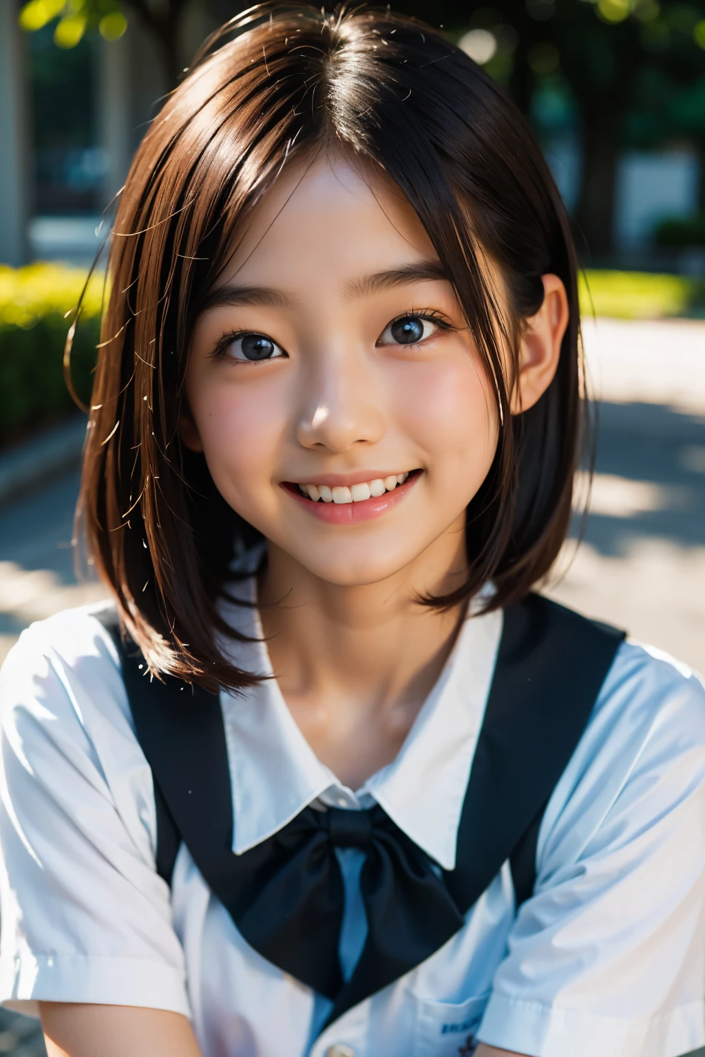 lens: 135mm f1.8, (höchste Qualität),(RAW-Fotos), (Tischplatte:1.1), (Schönes 12-jähriges japanisches Mädchen), niedliches Gesicht, (Tief gemeißeltes Gesicht:0.7), (Sommersprossen:0.4), dappled Sonnenlicht, dramatische Beleuchtung, (japanische schuluniform), (Auf dem Campus), schüchtern, (Nahaufnahme:1.2), (lächeln),, (leuchtende Augen)、(Sonnenlicht), Bob