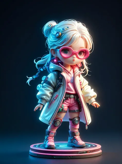 blind box,plastic toy,3D tous,IP model,A cute little girl of the world, white hair, tech goggles, a holo-glowing translucent jac...