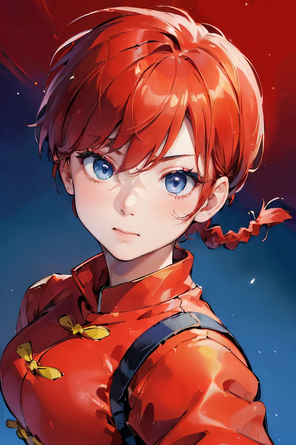 ((masterpiece:1.4)), high quality, very_high_resolution, large_filesize, full color, heavy outline, clear outline, colorful, (beautiful detailed eyes), ((beautiful face:1.0)), ((boyish face:1.4)), 1 girl, (femaleranma), (red hair), short hair, (braided ponytail), ((bangs)), bumpy bangs, blue-gray eyes, big breasts, curvy, femaleranma, braided ponytail, (red chinese clothes), sleeveless, tangzhuang, black pants, (cameltoe), standing, ((cowboy shot:1.4)), ((from front:1.4)), ((portrait:1.8)), ((face focus:1.4)), 