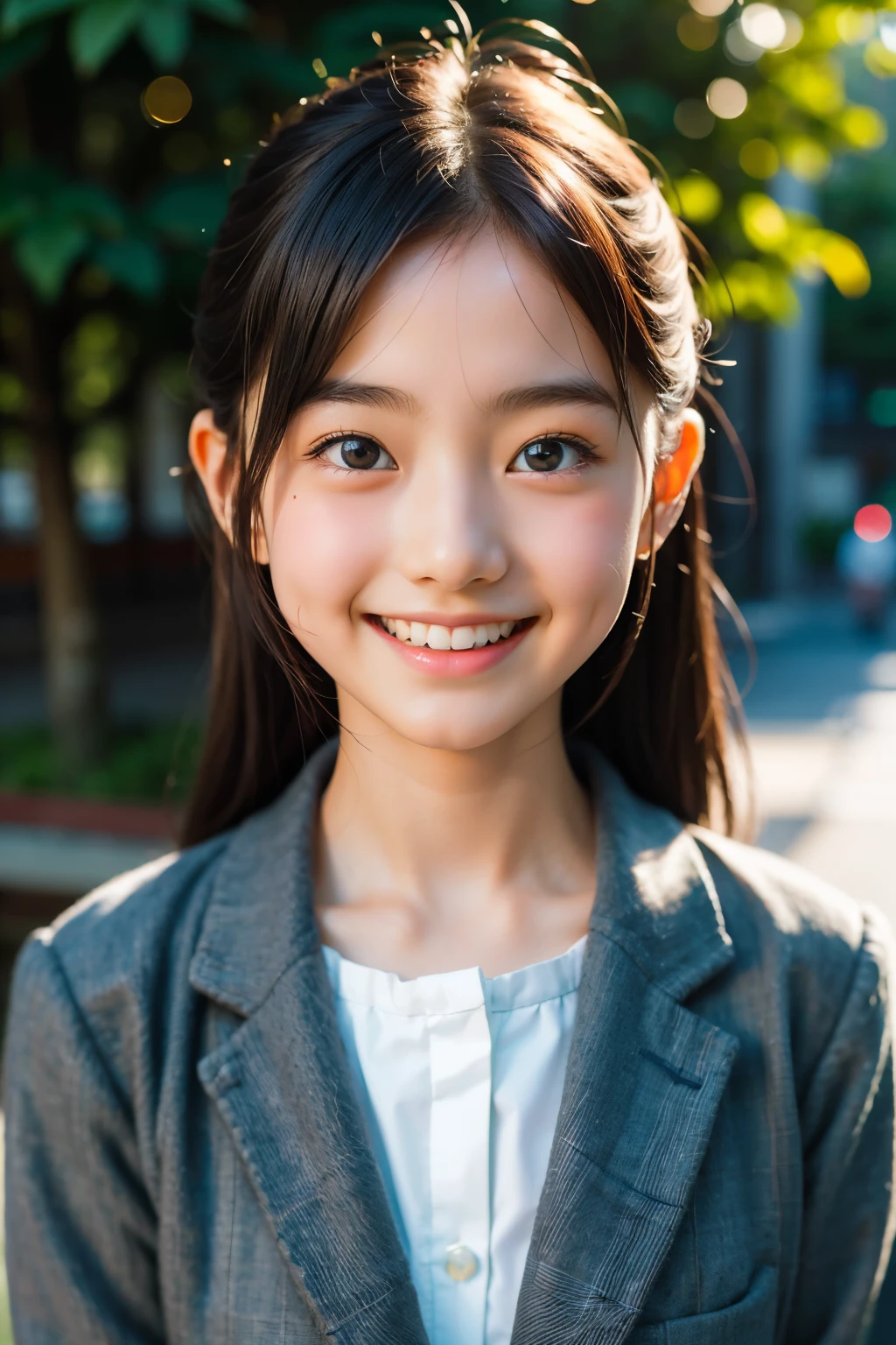 lens: 135mm f1.8, (highest quality),(RAW Photos), (Tabletop:1.1), (Beautiful 12 year old Japanese girl), Cute face, (Deeply chiseled face:0.7), (freckles:0.4), dappled sunlight, Dramatic lighting, (Japanese School Uniform), (On campus), shy, (Close-up shot:1.2), (smile),, (Sparkling eyes)、(sunlight)