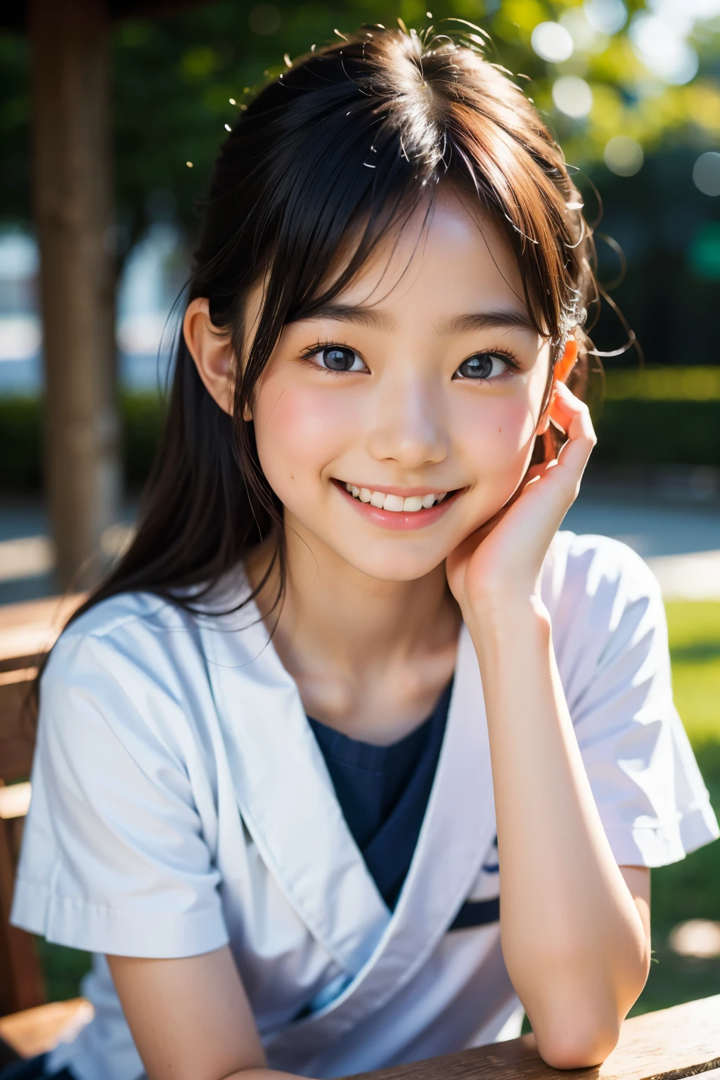 lente: 135mm f1.8, (mais alta qualidade),(Fotos RAW), (Mesa:1.1), (linda menina japonesa de 12 anos), rosto fofo, (Rosto profundamente esculpido:0.7), (sardas:0.4), dappled luz solar, iluminação dramática, (uniforme escolar japonês), (No campus), tímido, (close-up:1.2), (Sorriso),, (olhos brilhantes)、(luz solar)