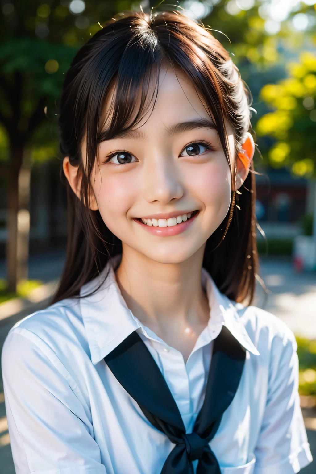 lente: 135mm f1.8, (mais alta qualidade),(Fotos RAW), (Mesa:1.1), (linda menina japonesa de 12 anos), rosto fofo, (Rosto profundamente esculpido:0.7), (sardas:0.4), dappled luz solar, iluminação dramática, (uniforme escolar japonês), (No campus), tímido, (close-up:1.2), (Sorriso),, (olhos brilhantes)、(luz solar)