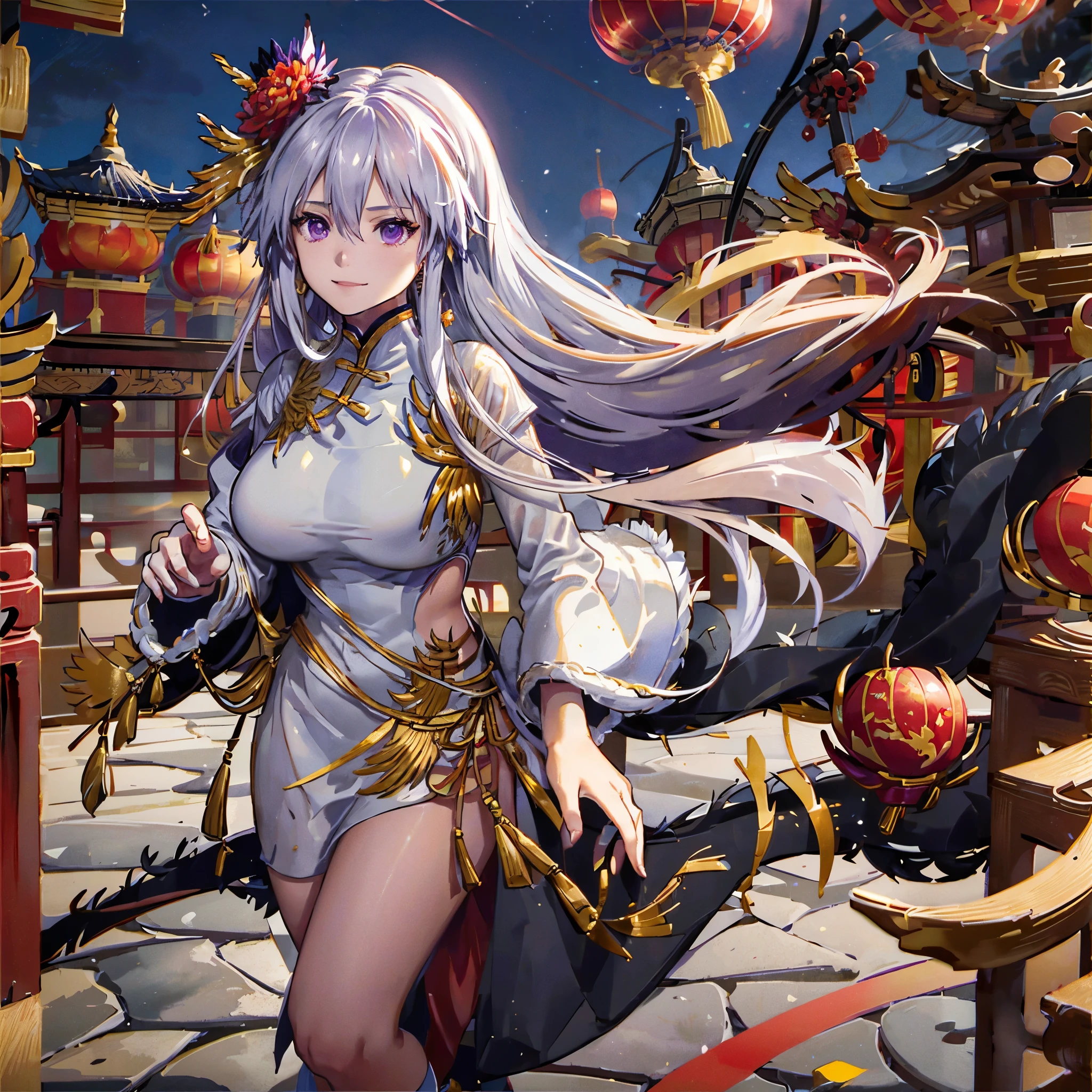 A woman wearing white traditional female Chinese costume with gold details, red heels, long silver hair, purple eyes, red flower in her hair, golden bow in her hair, wearing a black fur cape, walking in a traditional Chinese garden, smiling, big breasts, Chinese houses in the background, place at night, lighting with traditional Chinese lamps, full body, surrealism, drop shadow, anaglyph, stereogram, tachi-e, pov, atmospheric perspective, surrealism, flower, 8k, superdetail, accurate, best quality, UHD, anatomically correct, textured skin, high quality. (solo woman)
