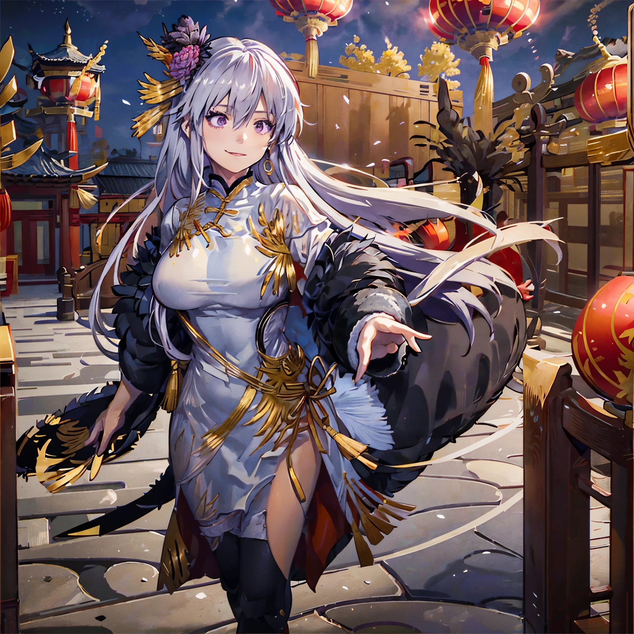 A woman wearing white traditional female Chinese costume with gold details, red heels, long silver hair, purple eyes, red flower in her hair, golden bow in her hair, wearing a black fur cape, walking in a traditional Chinese garden, smiling, big breasts, Chinese houses in the background, place at night, lighting with traditional Chinese lamps, full body, surrealism, drop shadow, anaglyph, stereogram, tachi-e, pov, atmospheric perspective, surrealism, flower, 8k, superdetail, accurate, best quality, UHD, anatomically correct, textured skin, high quality. (solo woman)
