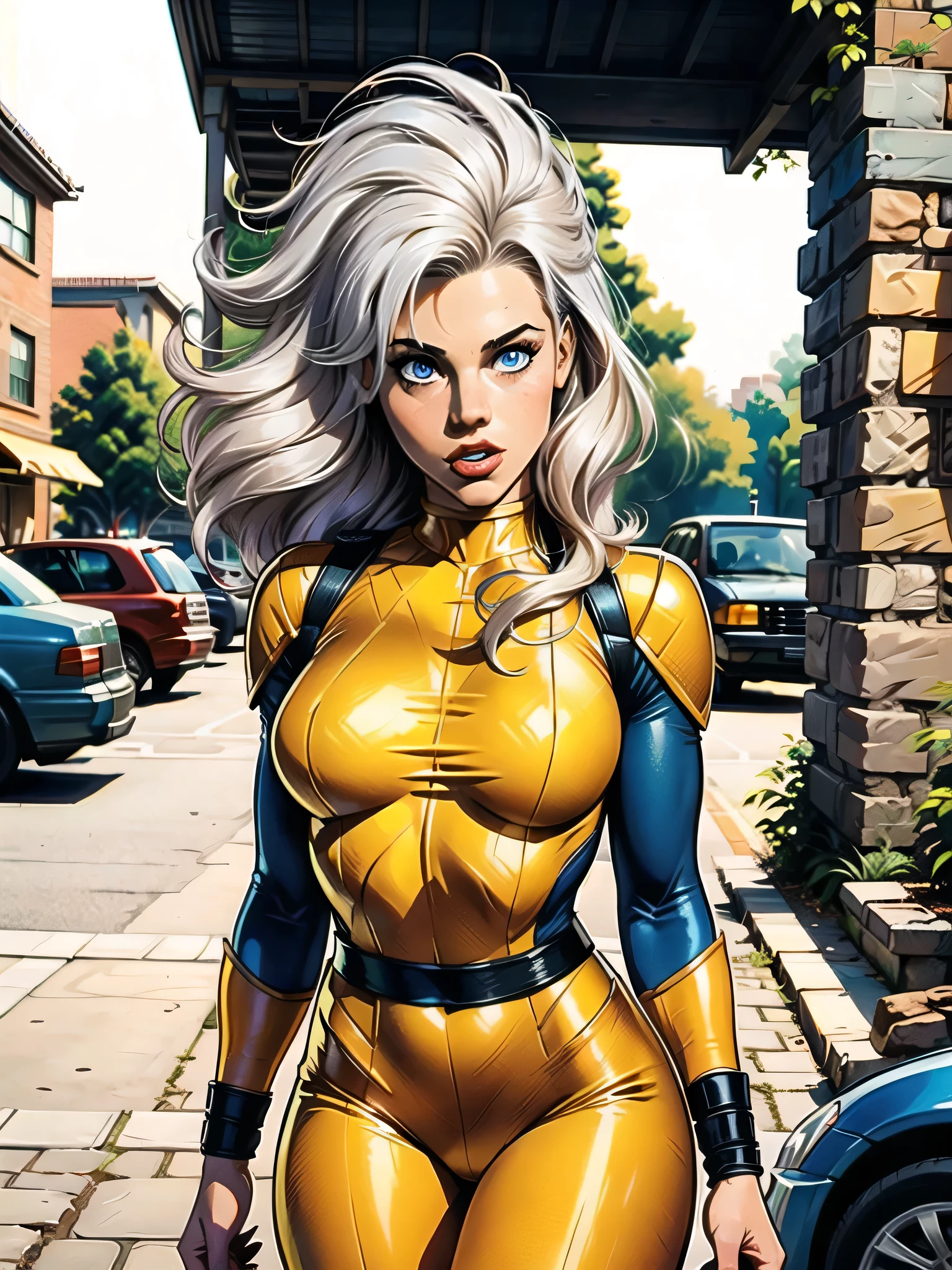 A woman, white hair, hair with bangs, 90's x-men uniform, outside, Marvel art style, comic, blue eyes, some freckles, dark yellow spandex, red accent