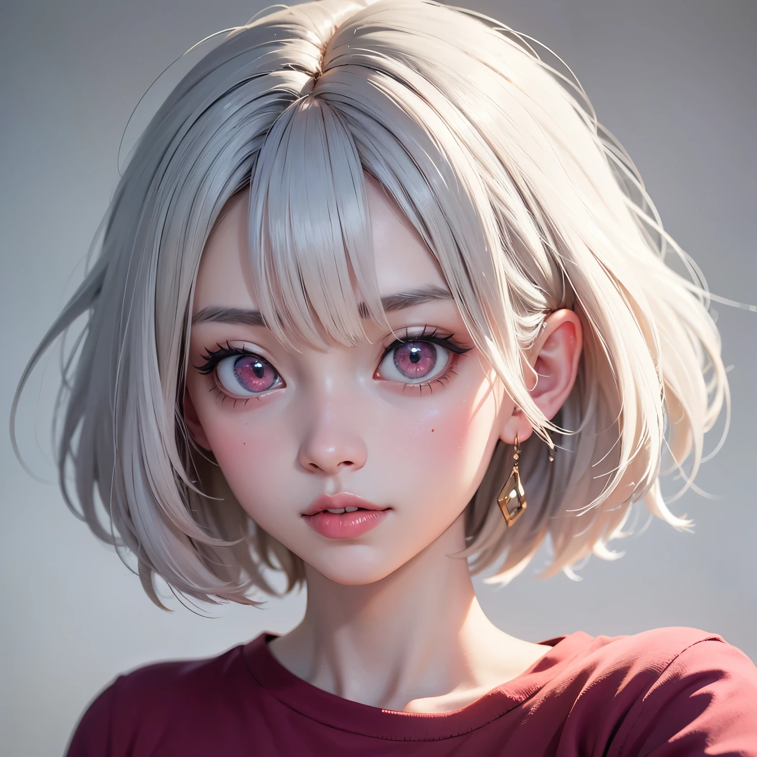 ((best quality)), ((masterpiece)), (detailed), perfect face. White hair. Short hair. Anime girl. Asian girl. Nekomimi. Ulzzang. Pink eyes. Glowing eyes. T-shirt.