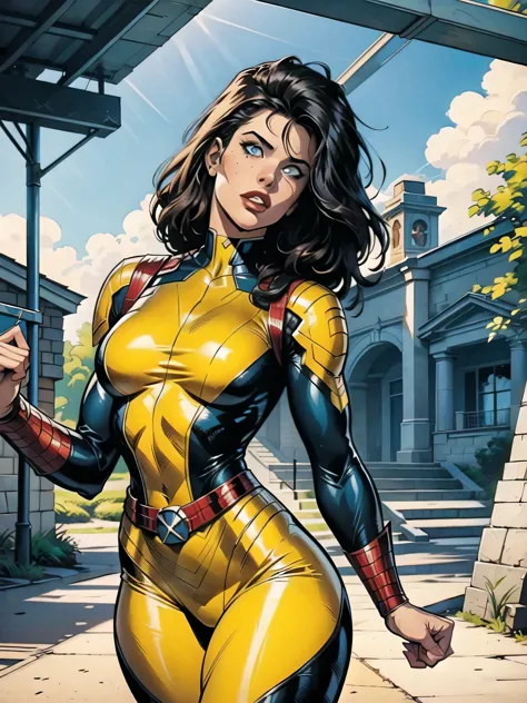 a woman, black hair, hair with bangs, 90's x-men uniform, outside, marvel art style, comic, blue eyes, some freckles, dark yello...