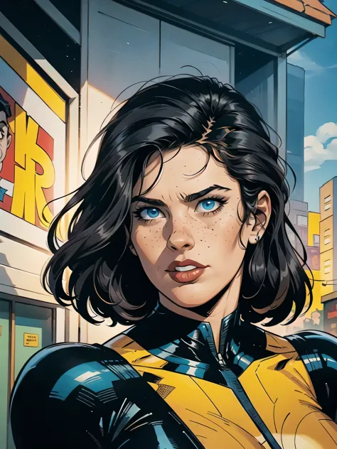 a woman, black hair, hair with bangs, 90's x-men uniform, outside, marvel art style, comic, blue eyes, some freckles, dark yello...