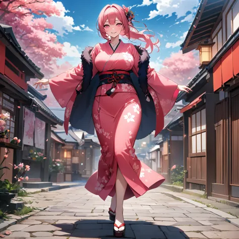 a woman wearing pink yukata with black details, flowers drawn on the yukata, black fur cape, long hot pink hair, pink eyes, larg...