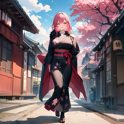 a woman wearing pink yukata with black details, flowers drawn on the yukata, black fur cape, long hot pink hair, pink eyes, larg...