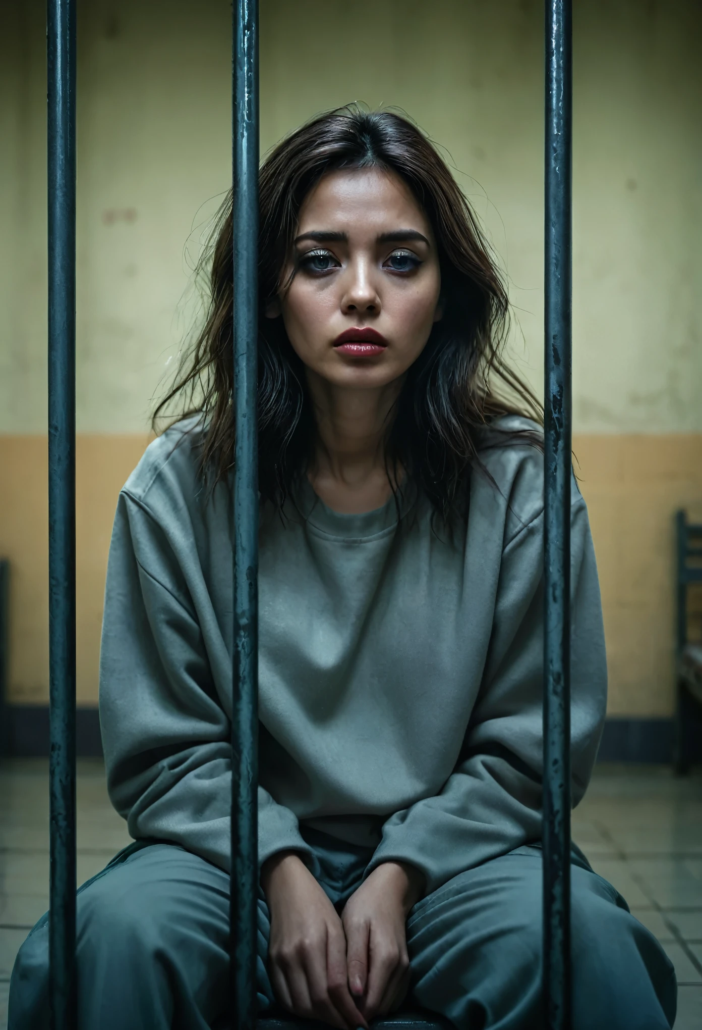 (best quality, highres, realistic:1.37), detailed eyes and face, beautiful lips, woman sitting in a detention center with iron bars, full body wide shot, gloomy atmosphere, melancholy expression, dim lighting, cold colors, despair, isolation, desolation,photo r3al