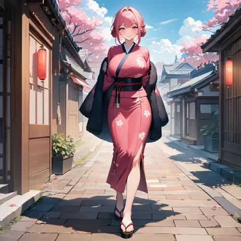 a woman wearing pink yukata with black details, flowers drawn on the yukata, black fur cape, long hot pink hair, pink eyes, larg...