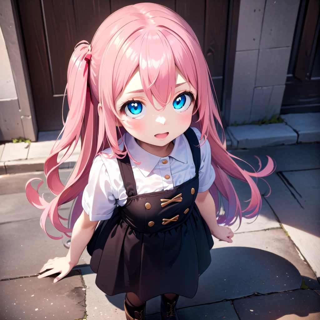 (best quality, masterpiece, uncensored, high quality, ultra detailed, extremely detailed CG, beautiful face, beautiful eyes, beautiful hair), solo, 1girl, (((loli:1.3))), ((((4 years old)))), (infant), Tareme, su hair, (hairs between eyes, crossed bangs:1.5), (short with long locks), salmon pink hair, beautiful big eyes, cyan eyes, drooping eyes, happy, hair ribbon, frilled dress, navy blue pinafore dress, frilled legwear, platform boots, (extremely awesome detailed deep-silky-healthy-lackwarm-foundational-soft-skin:1.1), (extremely awesome detailed gleaming skin), (extremely awesome detailed pretty face, extremely awesome detailed eyes, extremely awesome detailed shiny hair:1.2), extremely awesome detailed dynamic lighting, extremely awesome detailed caustic, extremely awesome detailed deep shadows,(best quality, highres, absurdres, extremely awesome detailed CG unity 8K HDR wallpaper, perfect anatomy:1.1),(extremely awesome detailed realistic, extremely awesome detailed 3d:1.0)Anime-style girl with pink hair and blue eyes standing on the sidewalk, Realistic Anime 3D Style, Cute 3D anime girl render, a Surreal , Surreal , 3D Anime Real, Anime-style 3D, Photorealistic Animation girl render, Ultra realistic anime, Photorealistic Animation, Stylized anime, 