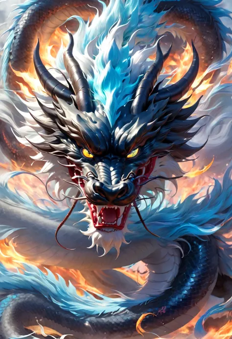 (main themes: wide-angle lens), the flame is light blue,[多彩of,(chinese dragon personification)], of,戏剧性of云,(going deep into the ...