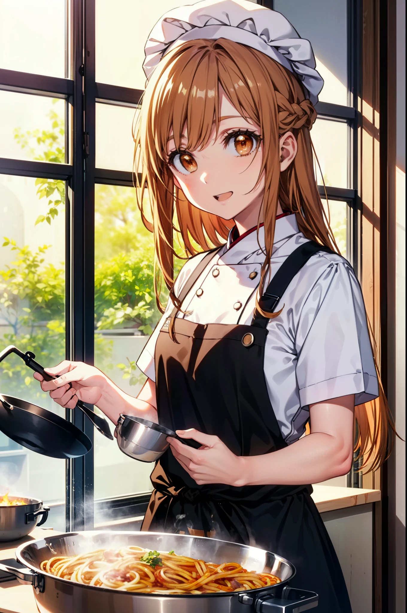 is Ayuki of the Sun, Sun and Yuki, Long Hair, Brown Hair, (Brown eyes:1.8),Medium Chest,happy smile, smile, Open your mouth,chef uniform, chef hat, chef, Zend 4y4, cooking, pot, fire, Pasta Stove, フレームから足が外れている
break indoors, kitchen,
break looking at viewer, (Cowboy Shot:1.5),
break (masterpiece:1.2), highest quality, High resolution, unity 8k wallpaper, (shape:0.8), (Beautiful details:1.6), Highly detailed face, Perfect lighting, Highly detailed CG, (Perfect hands, Perfect Anatomy),