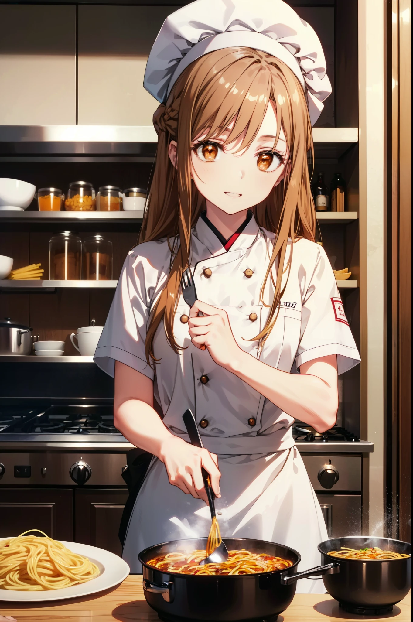 is Ayuki of the Sun, Sun and Yuki, Long Hair, Brown Hair, (Brown eyes:1.8),Medium Chest,happy smile, smile, Open your mouth,chef uniform, chef hat, chef, Zend 4y4, cooking, pot, fire, Pasta Stove, フレームから足が外れている
break indoors, kitchen,
break looking at viewer, (Cowboy Shot:1.5),
break (masterpiece:1.2), highest quality, High resolution, unity 8k wallpaper, (shape:0.8), (Beautiful details:1.6), Highly detailed face, Perfect lighting, Highly detailed CG, (Perfect hands, Perfect Anatomy),