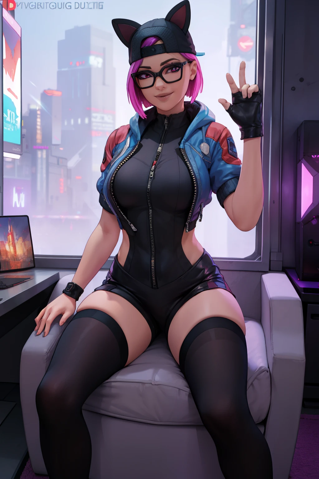 (masterpiece), (best quality),Gamer chair (solo), looking the viewer, cyberpunk, high detailed,extremely detailed,shorts,long white thigh high socks, jacket, fine eyes, smile,dynamic pose, short pink hair,cap,fingerless glove,glasses.