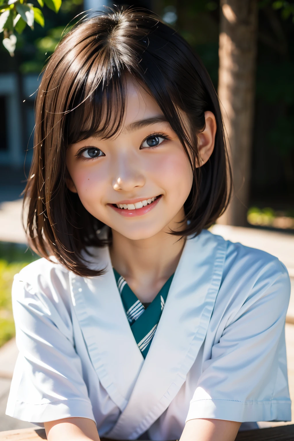 lente: 135 mm f1.8, (de la máxima calidad),(Fotos CRUDAS), (Mesa:1.1), (Preciosa niña japonesa de 7 años), Cara linda, (Cara profundamente cincelada:0.7), (pecas:0.4), dappled luz de sol, iluminación dramática, (uniforme escolar japonés), (en el campus), tímido, (fotografía de cerca:1.2), (sonrisa),, (ojos chispeantes)、(luz de sol)