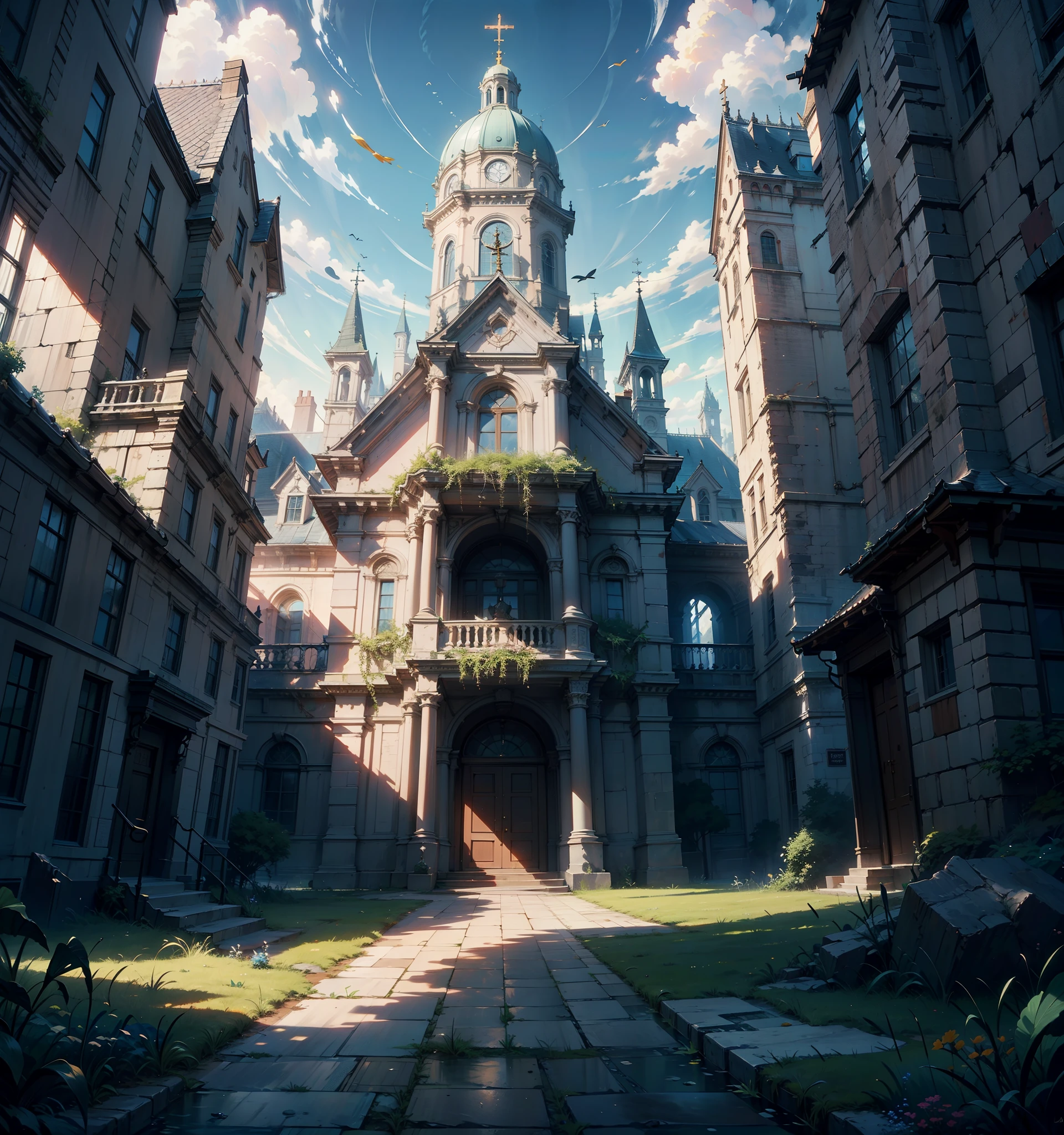 (8K) (Artstation is very detailed), with rich dark details, scene drawing, scene painting, grand scenes, epic scenes, rich plants in the background, and a large Baroque style church wide angle in the foreground, fantastic, and colorful