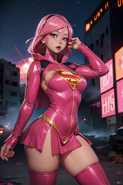 (A superheroine in a pink suit), fights a masked villain, in a post-apocalyptic world, surrounded by zombies and explosions whil...