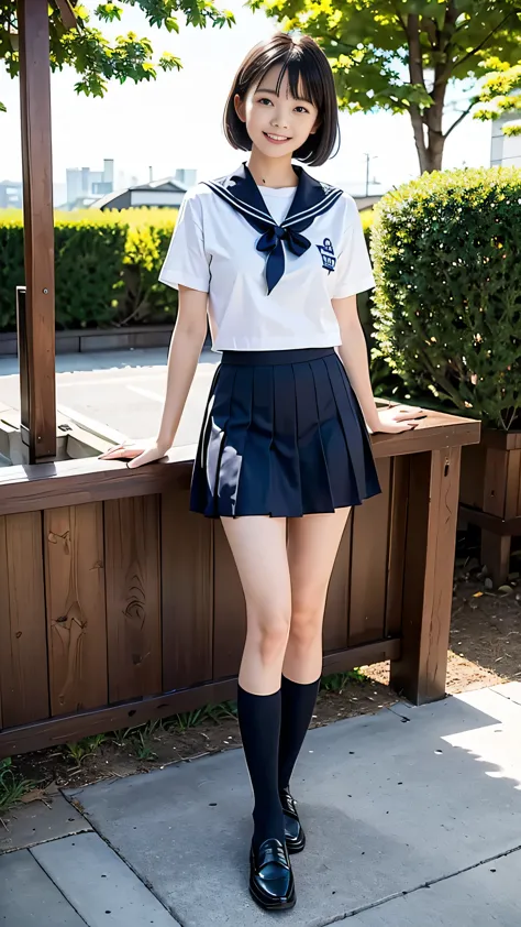 In the best quality、Japanese、Teenage girl standing outdoors。Perfect Anatomy、Correct limbs、High resolution、Beautiful details、Quiet atmosphere。(((Black Bob Hair)))、Cute Smile。white short sleeve sailor uniform、Navy blue pleated skirt、Navy blue socks、Brown Loa...