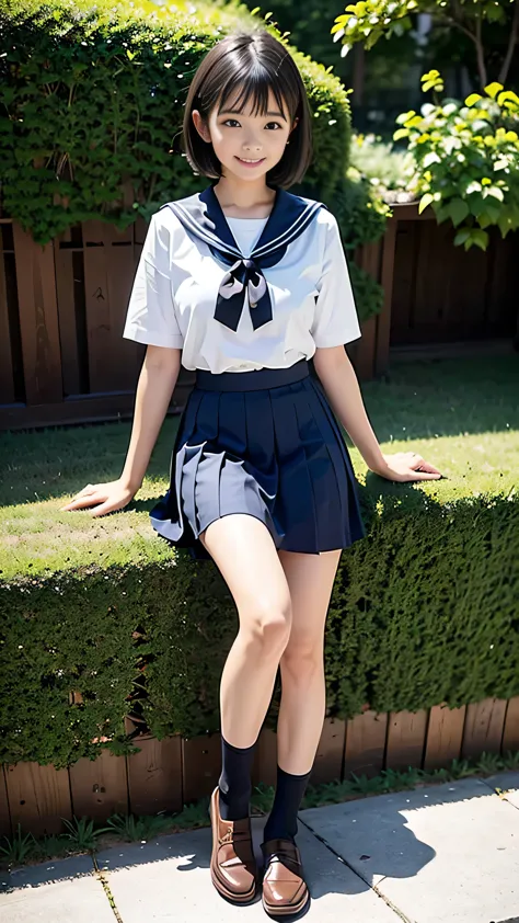 In the best quality、Japanese、Teenage girl standing outdoors。Perfect Anatomy、Correct limbs、High resolution、Beautiful details、Quiet atmosphere。(((Black Bob Hair)))、Cute Smile。Big Eyes、Long eyelashes、Torn white short-sleeved sailor uniform、Navy blue pleated s...